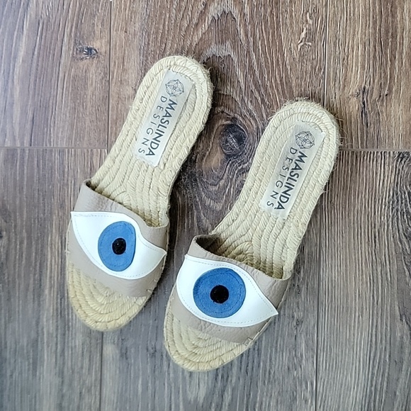 MASLINDA Evil Eye Espadrilles Slides in Beige - Picture 8 of 11